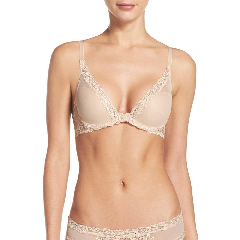 NATORI Beige Feathers UW T-Shirt Plunge Bra 34D #730023 NEW